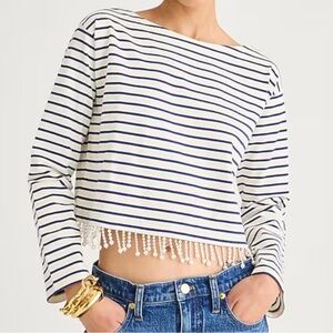 J. Crew Mariner Cropped Striped Pearl embellished Fringe top. Medium